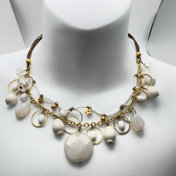 None Jewelry - Gold & White Layered Necklace With Beads & Crystals Adjustable Lobster Clasp 18